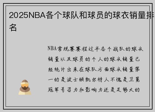 2025NBA各个球队和球员的球衣销量排名